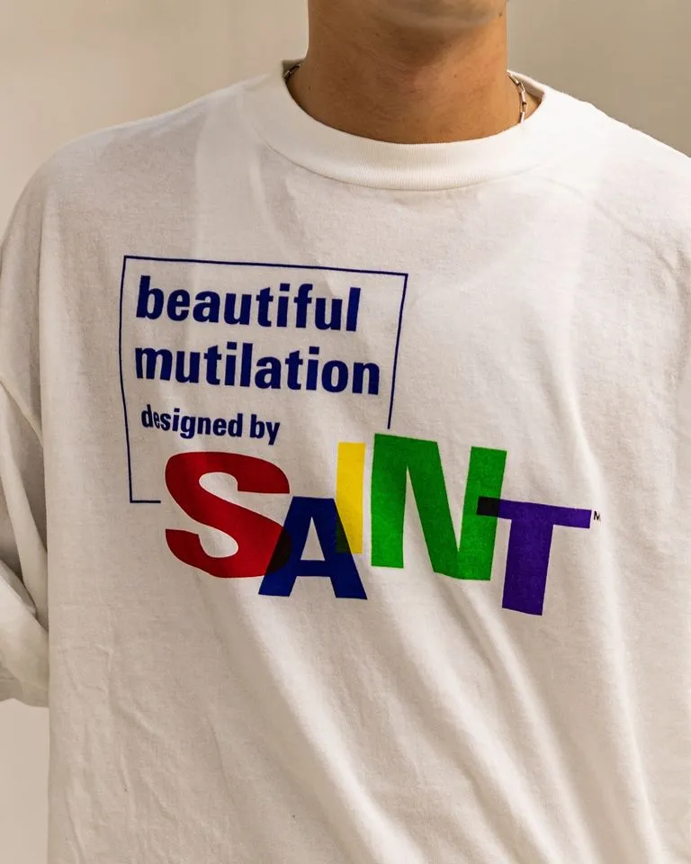 SAINT Mxxxxxx LS TEE/BEAUTIFUL SAINT/WHT Colorful SAINT slogan long-sleeved TEE White S-XL Cylindrical side seamless fabric Really made with care! Domestic printing factory OEM, original water slurry non-touch printing process, correct version, correct main mark/wash mark/little angel anti-counterfeiting mark